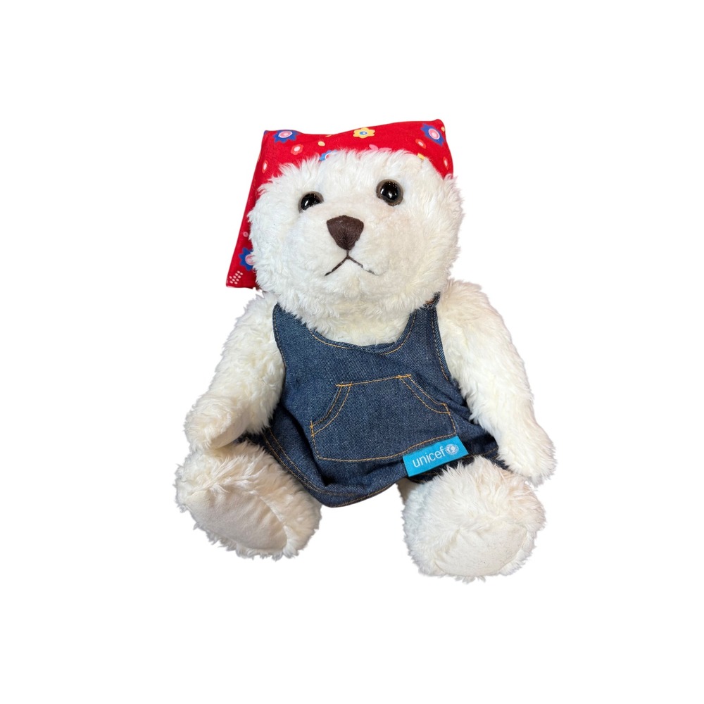 UNICEF White Plush‎ Teddy Bear Denim Jumper Red Floral Headscarf Stuffed Animal